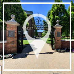 capital university gate with location pin overlayed on top